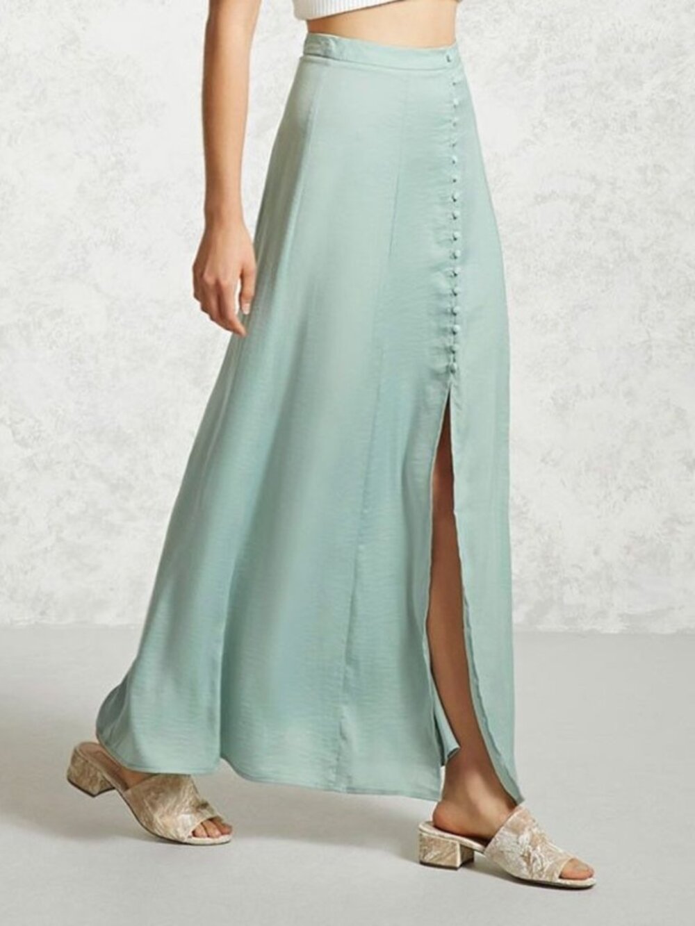 Forever 21 Seafoam/Mint Maxi Skirt Center Slit Button Detail- Med (Small)